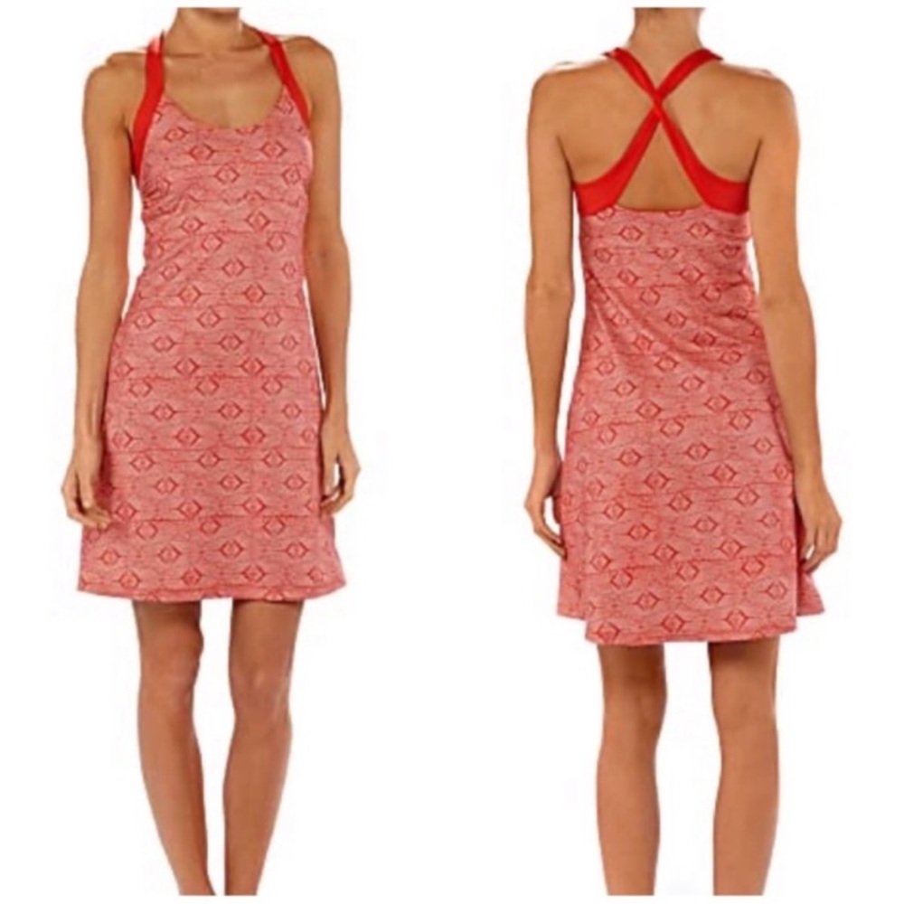 Patagonia Morning Glory Twist Back Dress Active Built in Bra Red Geometric XL